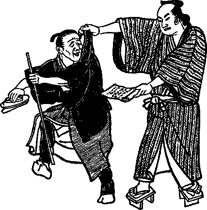 Illustration: Gihei grabbing Ryochiku with one hand and
holding the letter with the other hand