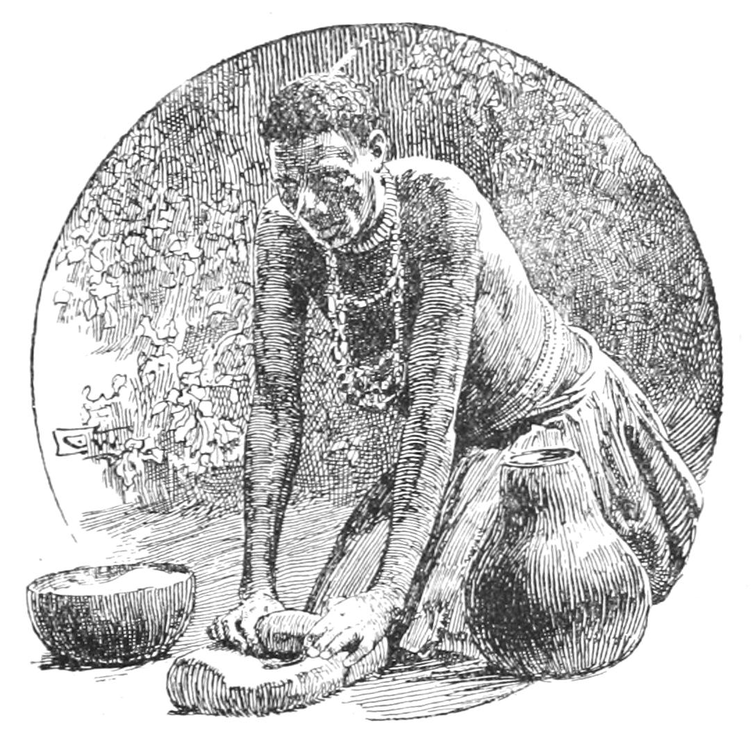 Woman crushing Grain on a Concave Stone with an Oval
Stone Roller