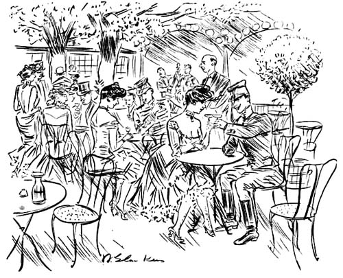 And the girls are permitted to come out in their stage costumes, to have an ice
or a glass of wine