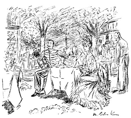 And there on the arbor hung a cage with
a parrot in it