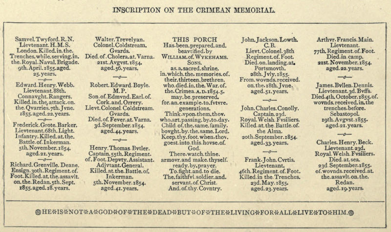 Samuel Twyford R.N. Lieutenant H.M.S. London. Killed in the 
Trenches while serving in the Royal Naval Brigade 9th April 1855
aged 25 years. Edward Henry Webb. Lieutenant 88th Connaught Rangers.
Killed in the attack on the Quarries 7th June 1855 aged 22 years.
Frederick Grote Barker. Lieutenant 68th Light Infantry. Killed at the
Battle of Inkerman 5th November 1854 aged 21 years. Richard Grenville
Deane. Ensign 30th Regiment of Foot. Killed at the assault on the
Redan 5th Sept 1855 aged 18 years. Walter Trevelyan. Colonel
Coldstream Guards. Died of Cholera at Varna 21st August 1854
aged 56 years. Robert Edward Boyle M.P. Son of Edmund Earl of
Cork and Orrery. Lieut. Colonel Coldstream Guards. Died of Fever
at Varna 3d September 1854 aged 44 years. Henry Thomas Butler.
Captain 55th Regiment of Foot Deputy Assistant Adjutant General.
Killed at the Battle of Inkerman 5th November 1854 aged 41 years.
THIS PORCH Has been prepared and beautified by WILLIAM of WYKEHAMS
Sons as a sacred shrine in which the memories of their thirteen
brethren who died in the War of the Crimea A.D. 1854-5 may be
preserved for an example to future generations. Think upon them
thou who art passing by to day. Child of the same family bought
by the same Lord. Keep thy foot when thou goest into this house of
God. There watch thine armour and make thyself ready by prayer.
To fight and to die. The faithful soldier and servant of Christ.
And of thy Country. John Jackson Lowth C.B. Lieut Colonel 38th
Regiment of Foot. Died on landing at Portsmouth 28th July 1855.
From wounds received on the 18th June aged 51 years. John Charles
Conolly. Captain 23d Royal Welsh Fusiliers. Killed at the Battle of
the Alma 20th September 1854 aged 33 years. Frank John Curtis.
Lieutenant 46th Regiment of Foot. Killed in the Trenches 23d May
1855 aged 23 years. Arthur Francis Main. Lieutenant 77th Regiment
of Foot. Died in camp 21st November 1854 aged 22 years. James
Bullen Dennis. Lieutenant 3d Buffs. Died 4th October 1855 of wounds
received in the trenches before Sebastopol 19th August 1855 aged
21 years. Charles Henry Beck. Lieutenant 23d Royal Welsh Fusiliers.
Died at sea 23d September 1855 of wounds received at the assault on
the Redan aged 19 years. HE IS NOT A GOD OF THE DEAD BUT OF THE
LIVING FOR ALL LIVE TO HIM.