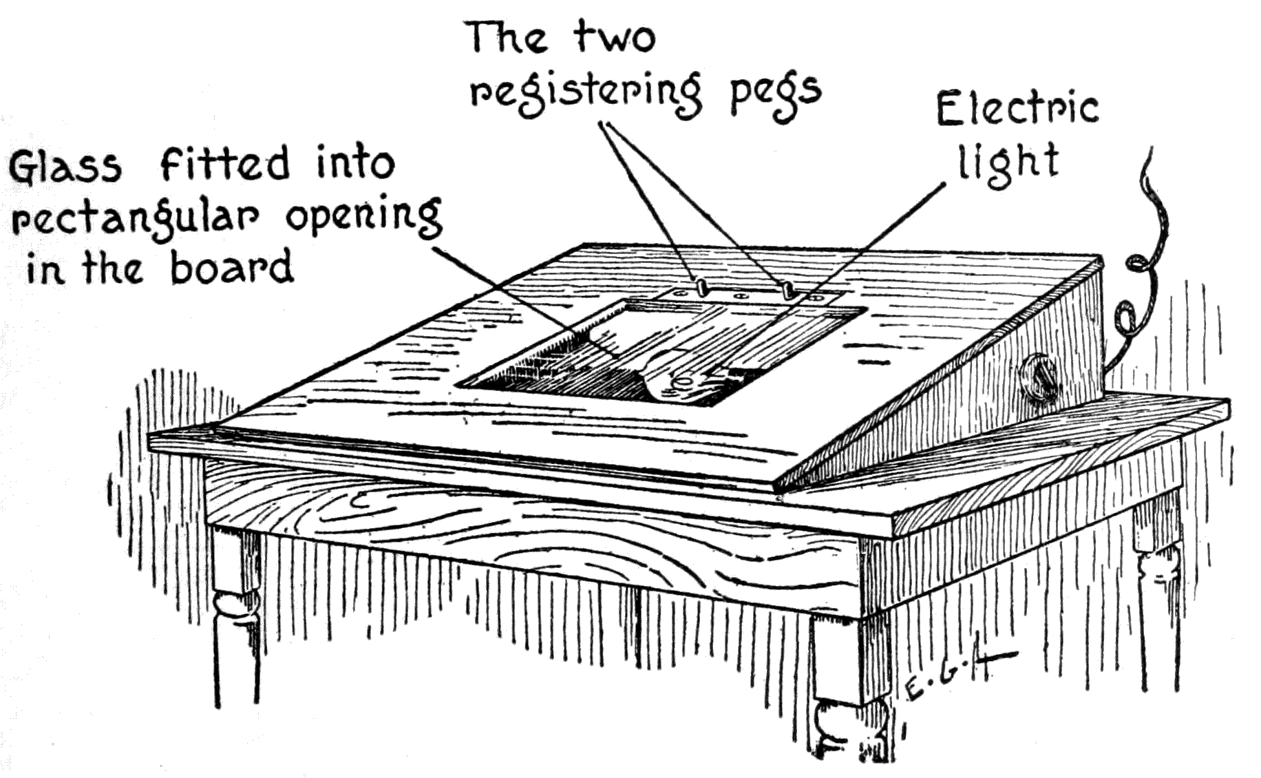 Glass fitted into rectangular 
opening in the board; The two registering pegs; Electric light