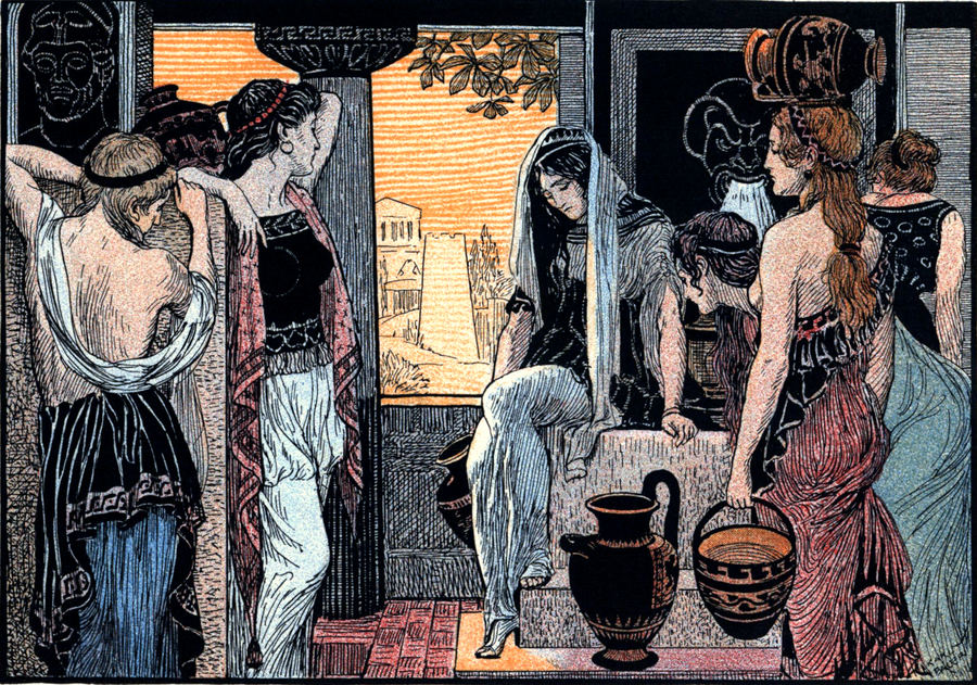 Andromache sitzt trauernd am
  Fenster, betrübt über den Sieg der Griechen bei Troja