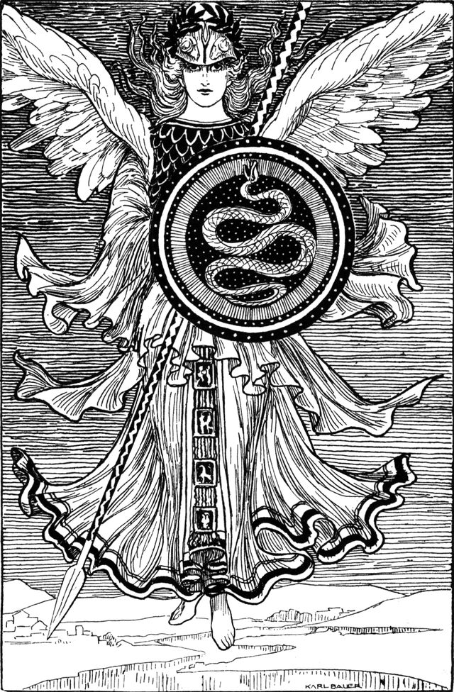 Athene mit Helm, Rüstung und
  Speer