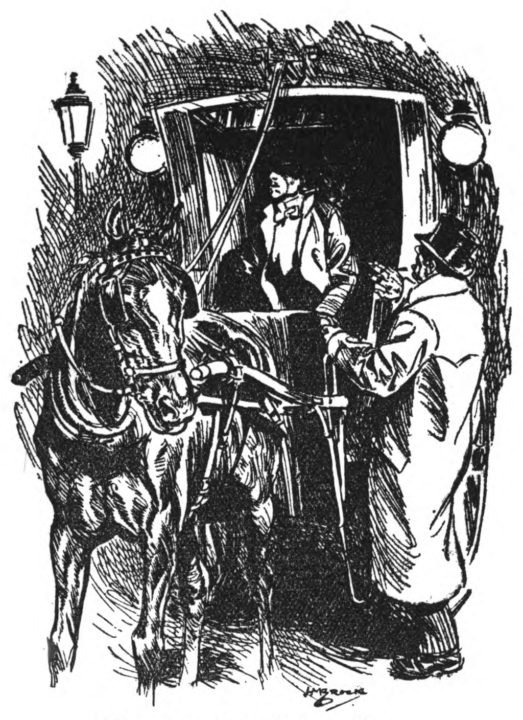 A horse-drawn hansom cab 
    at night-time. In the shadowy interior of the cab sits a man in
    evening dress, leaning against the side of the cab as if dozing.
    Another man stands beside the cab, tentatively reaching in.