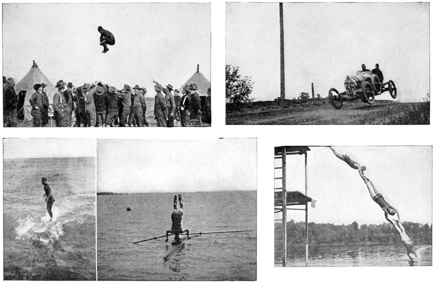 Somersault in the air -- Racing car jumping on dirt road -- Surfer standing on board --
Rower doing handstand in boat -- Divers holding each other's hands and feet