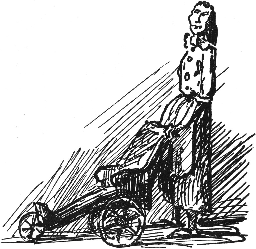 Frau Goldschläger schiebt
  den Rollstuhl