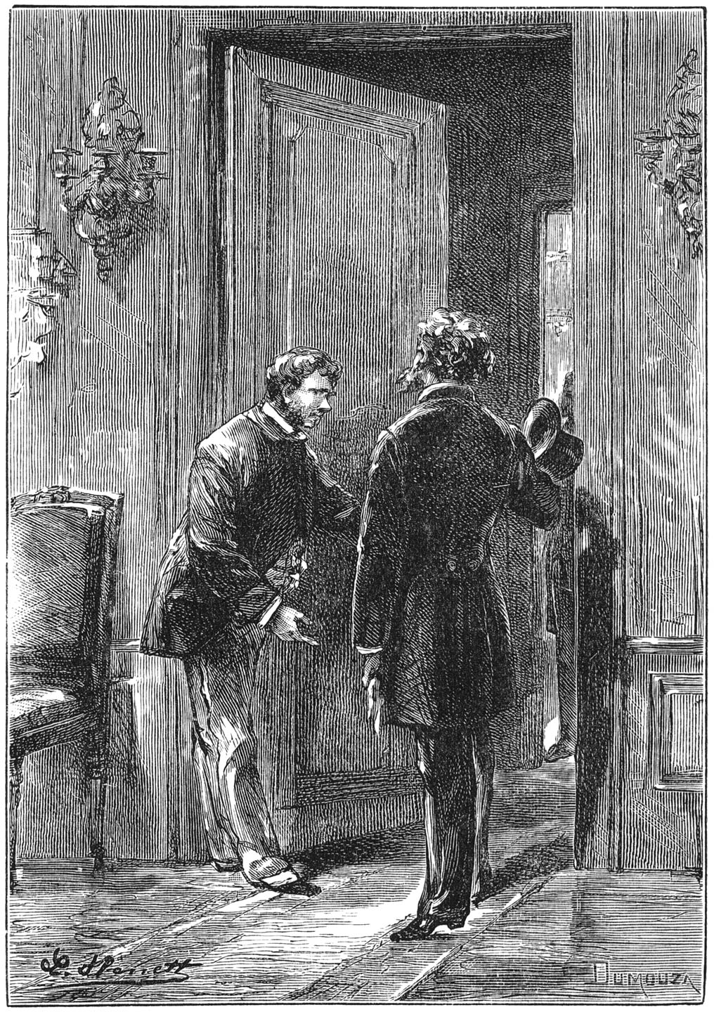 En ging heen, terwijl de bankier hem tot aan de deur van het vertrek begeleidde. (Bladz. 51.)