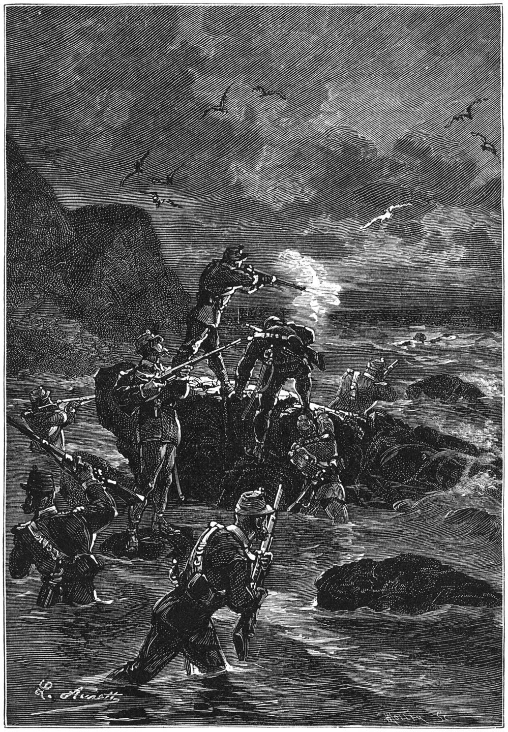 Eene nieuwe losbranding deed het water rondom het hoofd van Mathias Sandorf opspatten. (Bladz. 152.)