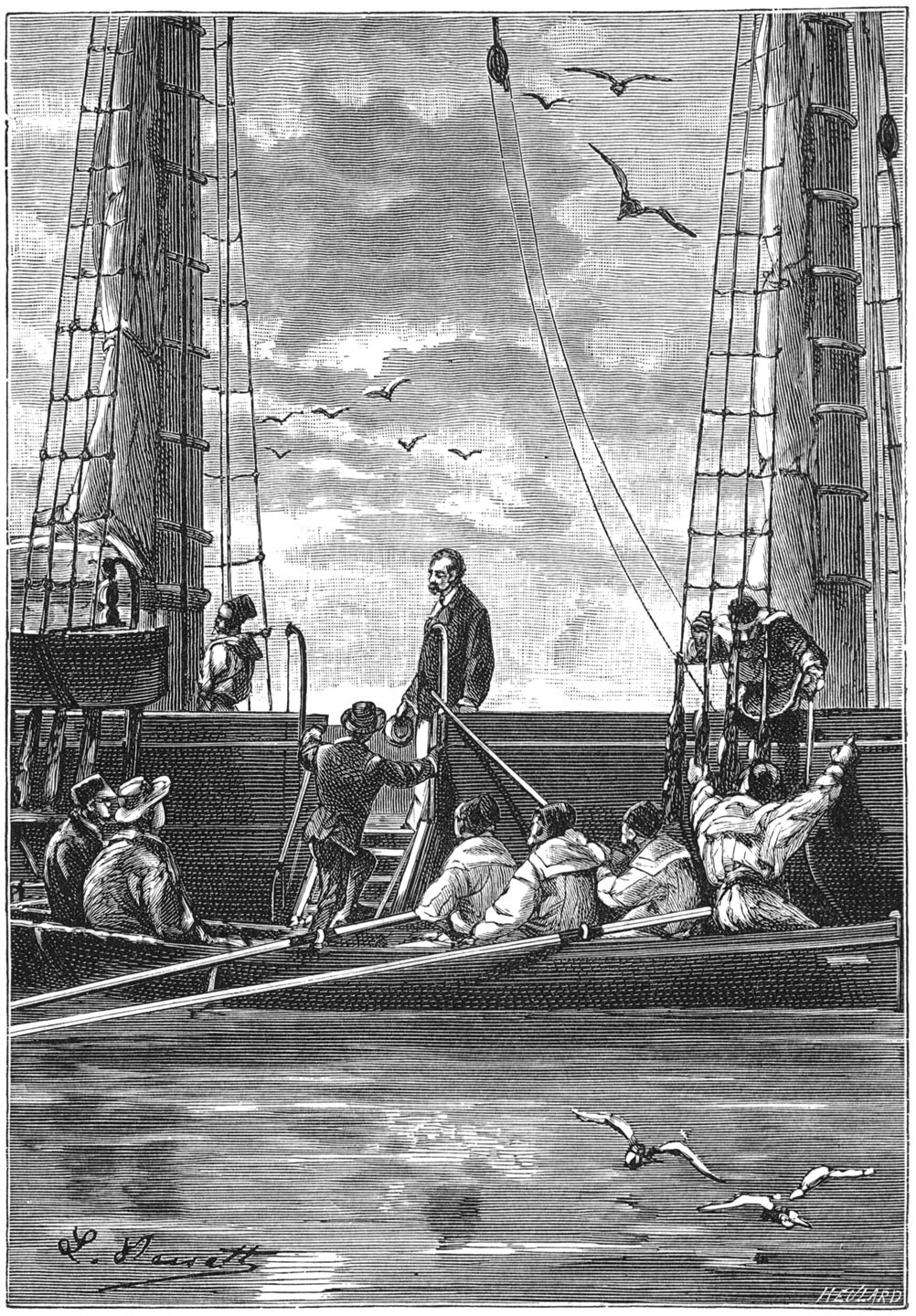 De sloep schoot achter den spiegel om en legde bij de stuurboords valreep aan. (Bladz. 195.)