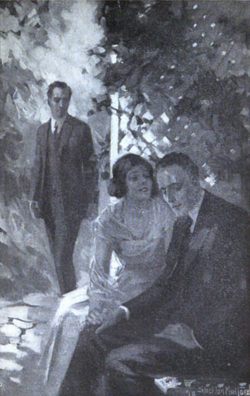 A
somber man and woman sit close in a shaded garden as another man
approaches, hinting at tension or a dramatic revelation.